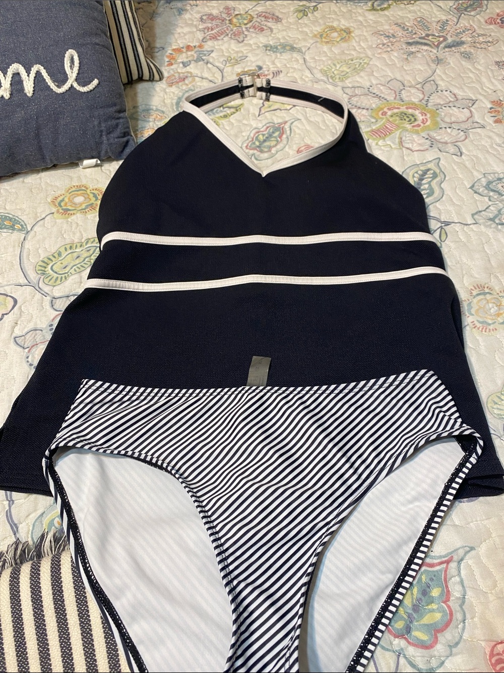 Lands' End Black and White Tankini with Striped Bottoms